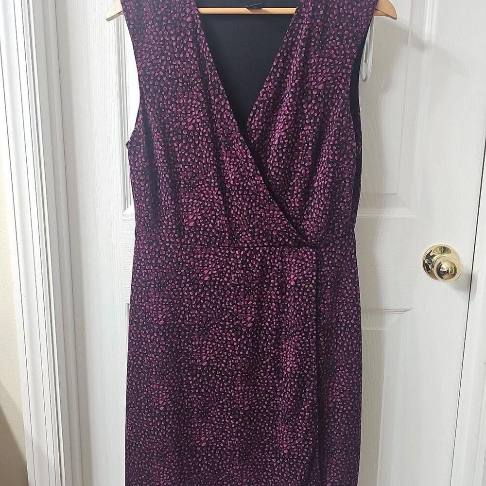 Ann Taylor Purple and Black Dotted Faux Wrap Sleeveless Sheath Dress Size L
